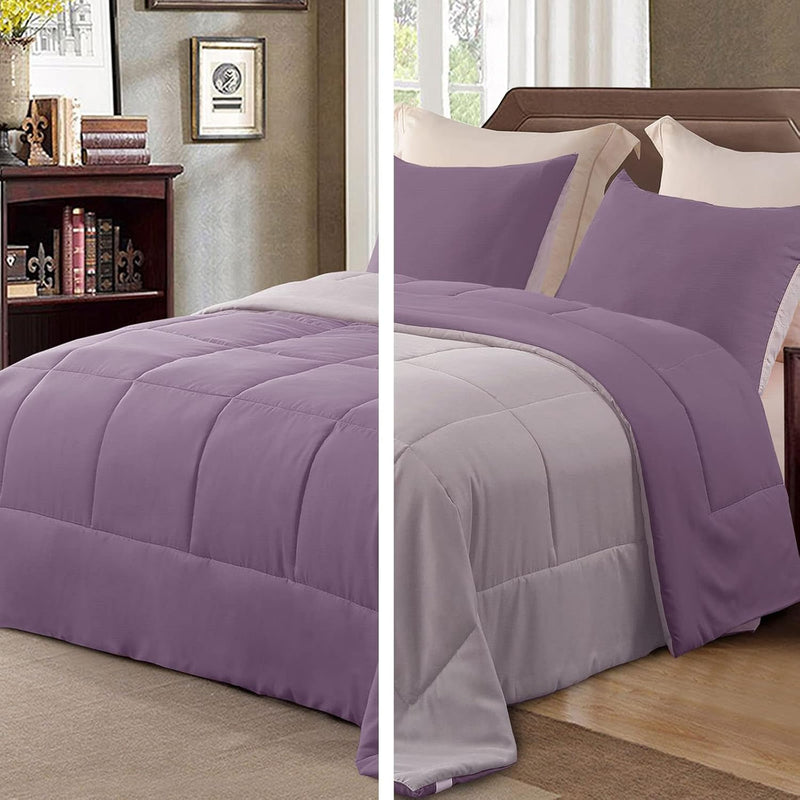 Exclusivo Mezcla Lightweight Reversible Queen Size Comforter Set, Down Alternative Comforter with 2 Pillow Sham, Queen Size Bedding Set for All Seasons, Deep Purple/Lilac