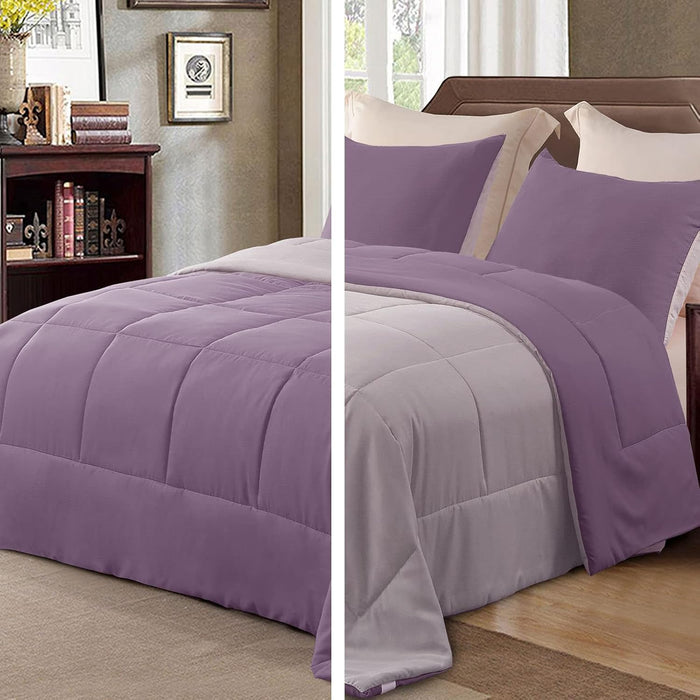 Exclusivo Mezcla Lightweight Reversible Queen Size Comforter Set, Down Alternative Comforter with 2 Pillow Sham, Queen Size Bedding Set for All Seasons, Deep Purple/Lilac