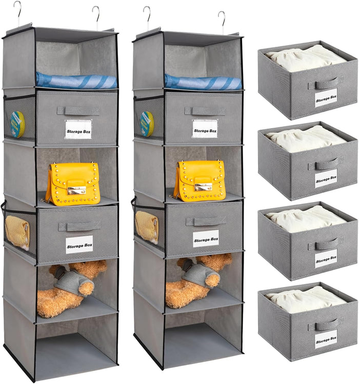 2 Pack Hanging Closet Organizer, 5 Shelves Hanging Storage with 6 Side Pockets for Clothes Shoes, 43"x12"x12"(Black)