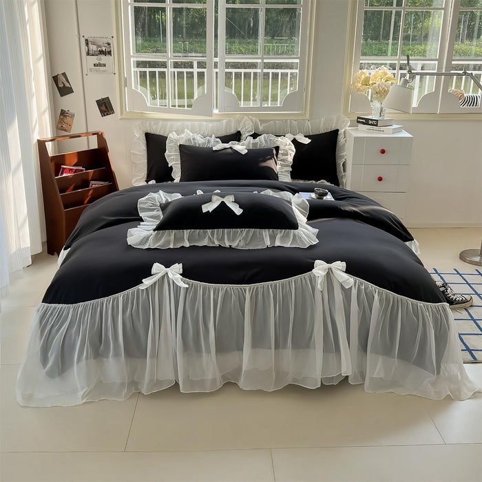 Ruffled Bedding Bow Duvet Cover Set with Butterfly Tie, Full Comforter Cover Set, Shabby Chic Bedding Set,Romantic French Princess Style -Yellow,Full