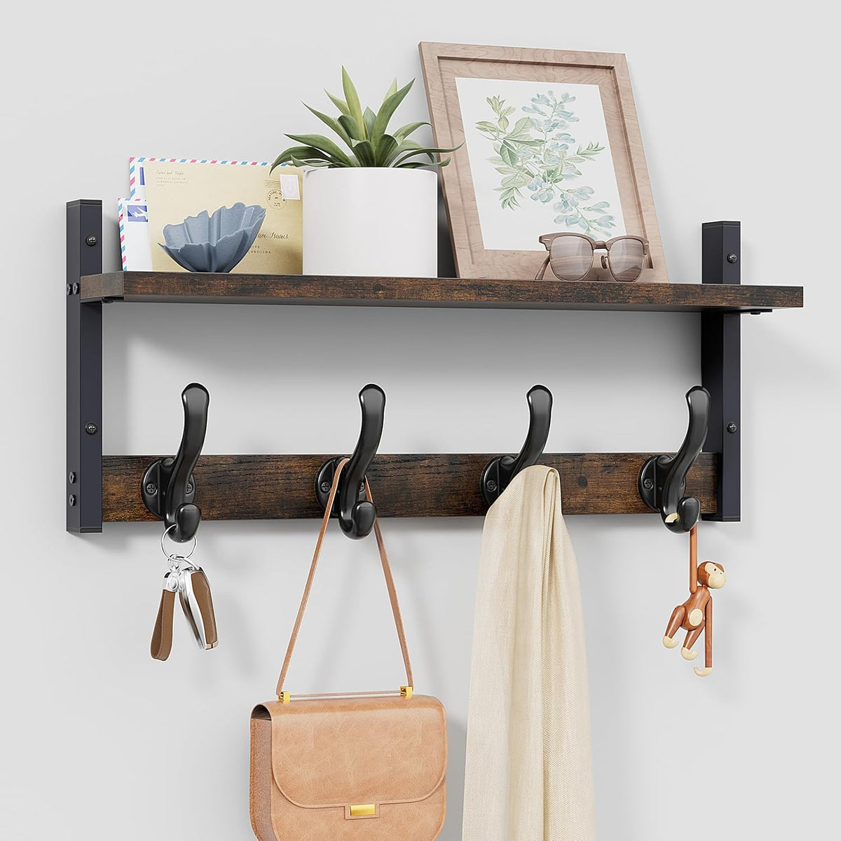 Tatub 29" Rustic Coat Rack Wall Mount with Shelf, Entryway Wall Hooks with Shelf, Coat Hangers for Bathroom, Living Room, Bedroom, Rustic Black