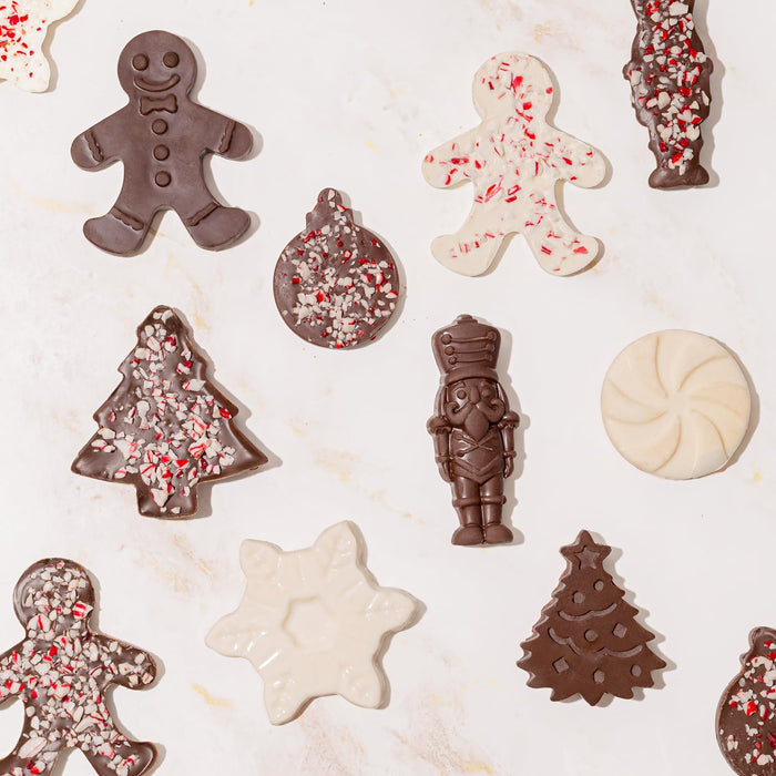 Christmas Peppermint Gift Tin Bark Candy – Fudge Gourmet Holiday Chocolate Gift Basket, Festive Assortment with Nutcrackers, Trees & Gingerbread Shapes – Family, Friends & Coworkers- Bonnie & Pop