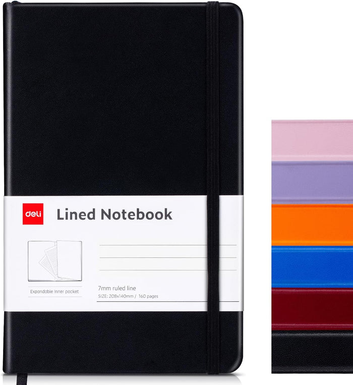 deli 6 Pack Black Lined Journal Notebook for Work, Moleskine Notebooks, A5 (5.5"x8.3"), 160 Pages Hardcover Journaling Notebooks, Black College Ruled Notebooks for Notes-taking/Work/Travel