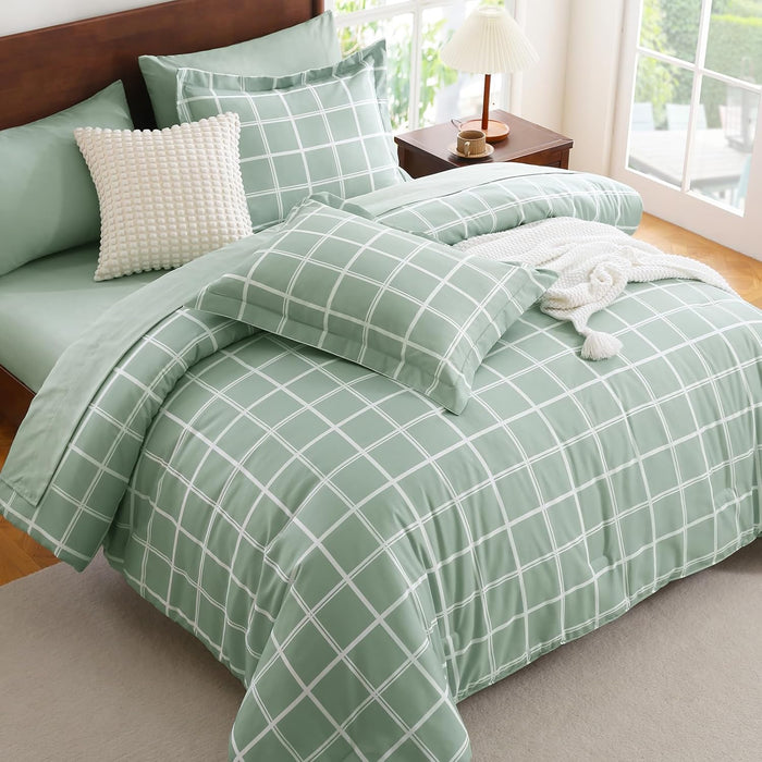 CozyLux King Size Comforter Set Sage Green - 7 Pieces Plaid Bed in a Bag Set, Soft Bed Set King Bedding Sets with All Season Quilted Comforter, Flat Sheet, Fitted Sheet, Pillowcases & Pillow Shams
