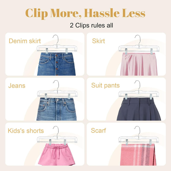 HOUSE DAY Clear Skirt Hangers with Clips 25 Pack, Non-Slip Pants Hangers for Closet, Clip Hanger for Pants, Skirts, Shorts, Troubles, 14'' Clear Plastic Hanger with 360 Swivel Hook