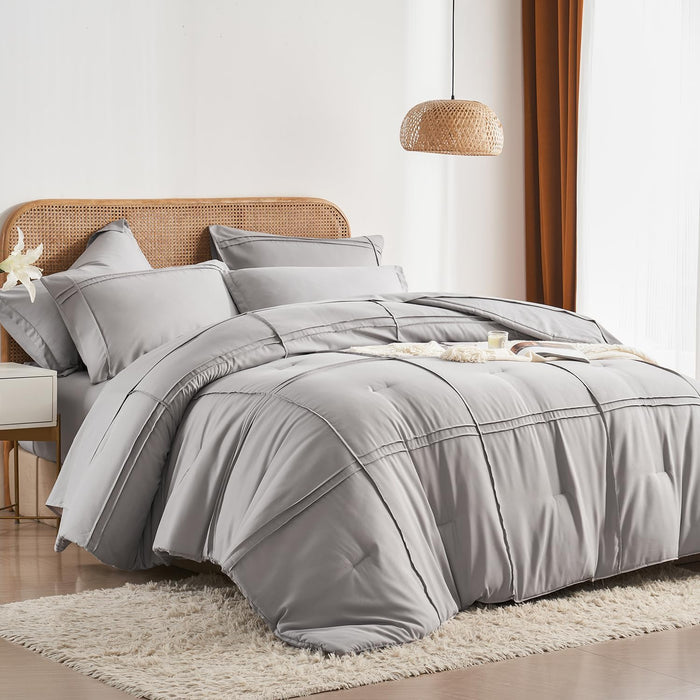 Yogeneg Queen Comforter Set 7 Piece Bed in a Bag,Grid Pinch Pleat Terracotta Bedding Set,Striped Textured Soft Microfiber Comforter with Sheet Set,All Season Complete Bed Set(Terracotta,Queen)