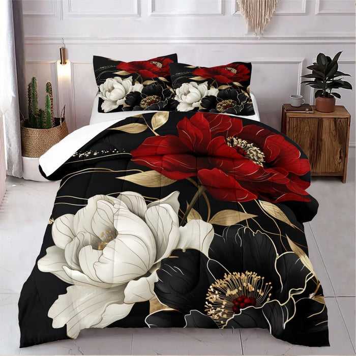 Rose Comforter Set King Black Red Bedding Set Striped Floral Bedding for Women Aesthetic Comforter with 2 Pillowcases, Ultra Soft Lightweight 3Pieces