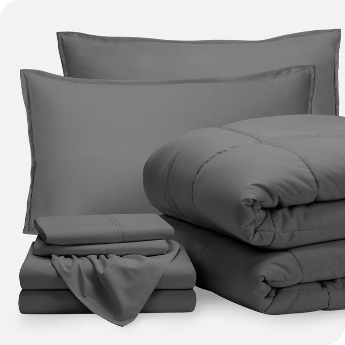 Bare Home Bed-in-A-Bag 7 Piece Comforter & Sheet Set - Queen - Goose Down Alternative - Ultra-Soft 1800 Premium - Bedding Set (Queen, Grey/Grey)