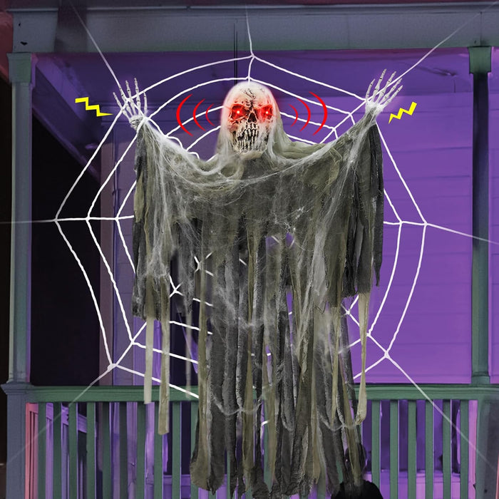 [ Sound Activated & Large ] 70 Inch Halloween Animatronic Hanging Talking Pirate Ghost Decoration Light up Eyes Shake Life Size Skull Skeleton Halloween Decor Outdoor Haunted House Prop Yard Party
