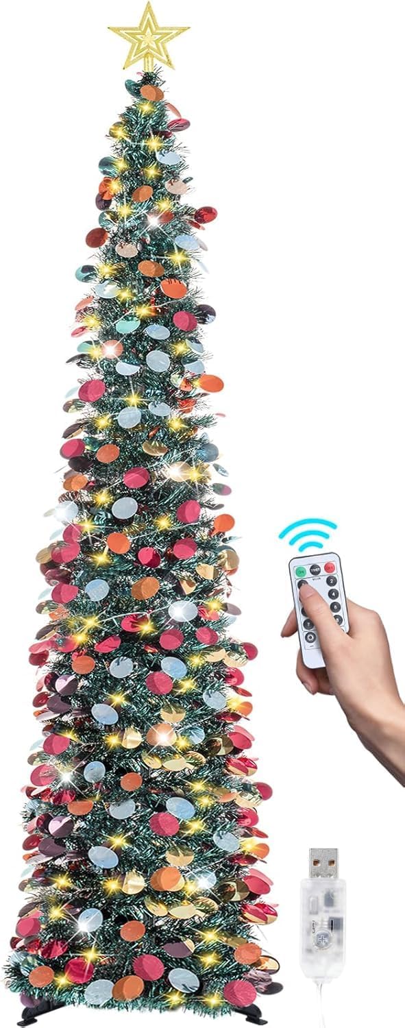 6 FT Pop Up Christmas Tree with 100 LED Timer Lights & Remote, White Collapsible Christmas Tinsel Tree Artificial Pencil Tree Xmas Decoration for Holiday Home Office Party, USB Powered