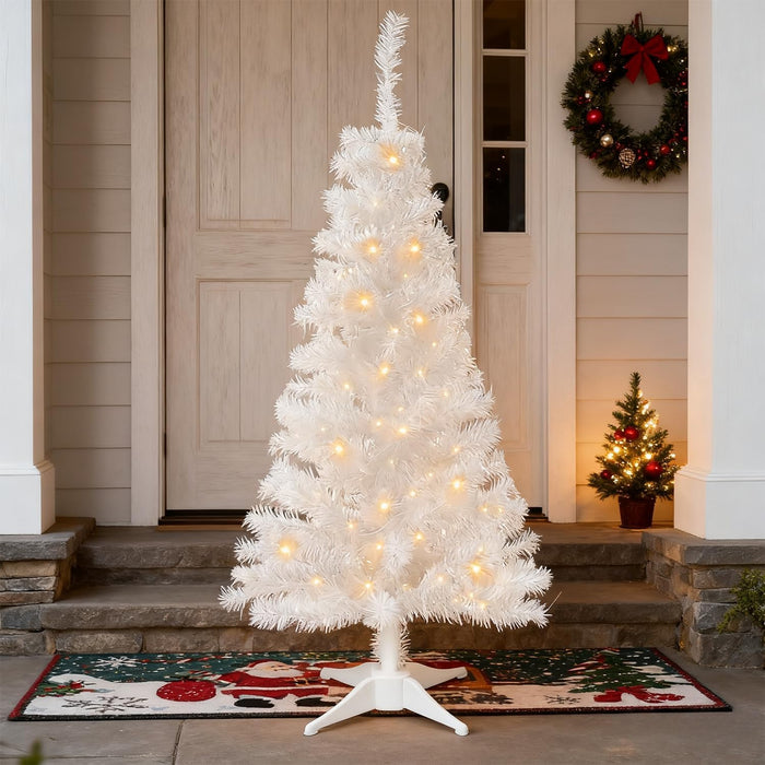 Juegoal 4 FT Pre-lit Artificial Christmas Tree, Lighted Tinsel Pencil Pine Spruce Trees with 70 Warm White LED Lights, 8 Lighting Mode & Timer for Xmas Holiday Party Decor (Pink)