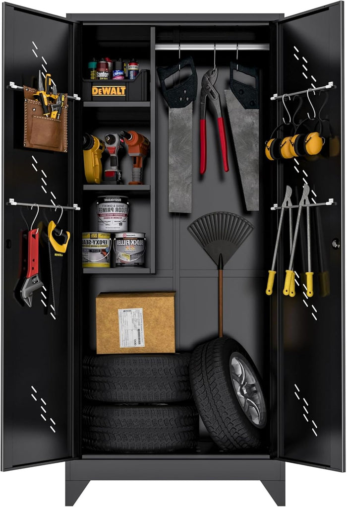 61" Broom Closet Storage Cabinet, Metal Storage Cabinet with Doors, Utility Cabinets for Brooms and Mops, Cleaning Tool Cabinets for Garage, Laundry Room, Bathroom