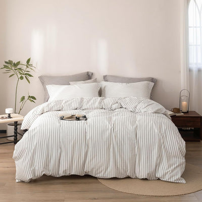 Stripe Duvet Cover Super King Plus Size 120inch x 120inch, 100% Washed Cotton Linen Feel Duvet Cover with Zipper Closure and 2 Pillowcases, Color of White-Dark Grey Stripe