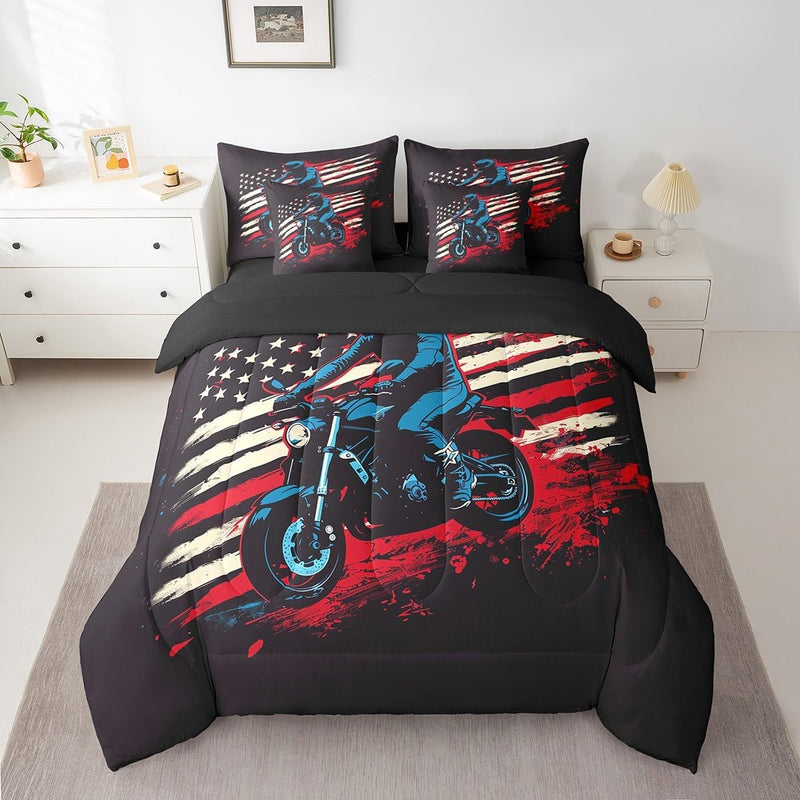 Feelyou Cool Motocross 7 Pieces Beeding Set Twin Size Dirt Bike Bed Set Ultra Soft Motorcycle Racer Bed in a Bag with Comforter, Sheets, Pillowcases for Girls Boys Room Decor Racing Motocross Rider