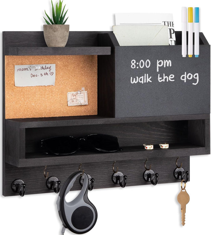Key Holder for Wall Mount with Mail Organizer, Farmhouse Key Holder for Wall with Shelf, Chalkboard&Corkboard, Entryway Organizer 11 Metal Hooks, Decorative Natural Pine Wood, 14.6*11.1*3.3”, B-Brown