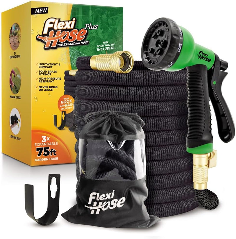 Flexi Hose PLUS with 8 Function Nozzle Expandable Garden Hose, Lightweight & No-Kink Flexible Garden Hose, 3/4 inch Solid Brass Fittings and Double Latex Core, 50 ft Black