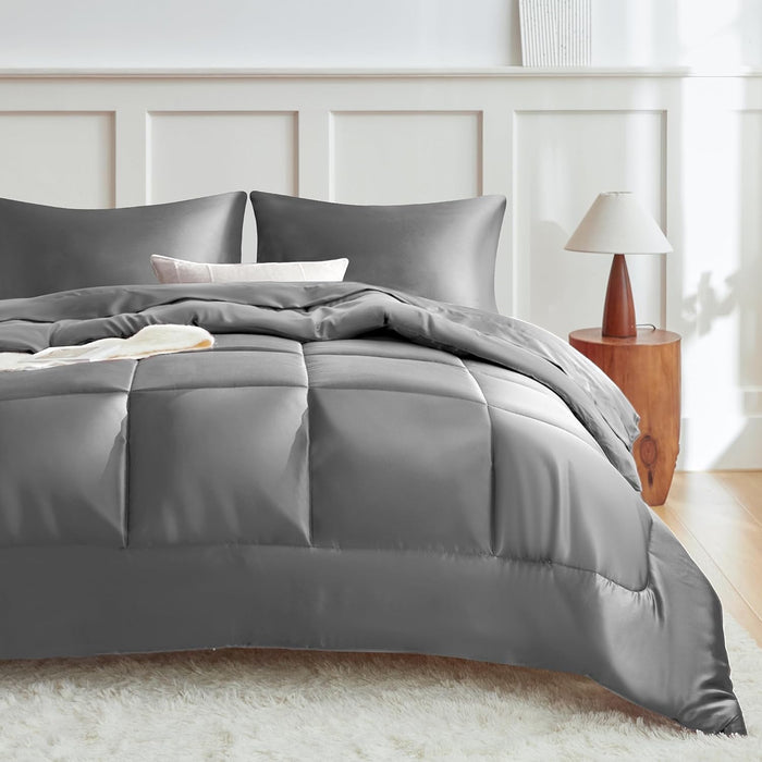MR&HM King Size Comforter Set Black, Reversible Satin Microfiber Comforter Set for All Seasons, 3 Pieces Non-Slip Silky Soft Bedding Sets with 1 Comforter (104"x90") and 2 Pillowcases (20"x36")
