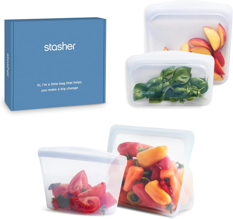 Stasher Premium Silicone Reusable Food Storage Bags and Stretch Lids 10-Pack, Clear, Airtight Seal, Food Containers & Covers, Boxed Starter Kit, BPA Free, Leak-free, Dishwasher Safe, Eco-Friendly