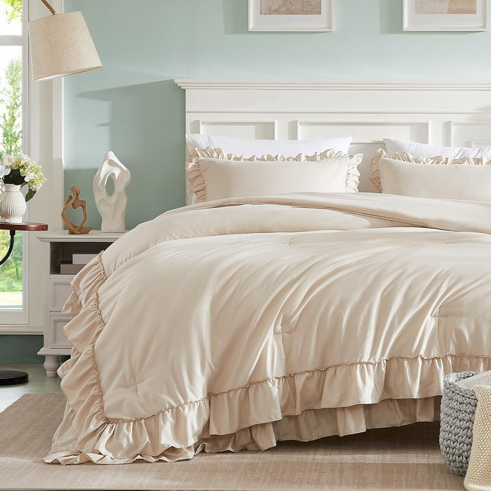 Cupocupa Beige Queen Comforter Set, 3Pcs Comforters Ruffle Farmhouse Bedding Sets Queen with Comforter, Lightweight Soft Shabby Chic Bedding Comforter Set Fluffy for All Season