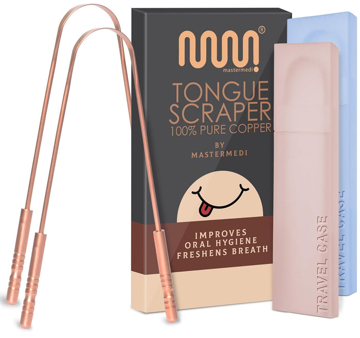 MasterMedi Tongue Scraper for Adults with Multicolor Travel Cases (2 Pack), 100% Stainless Steel, Reduce Bad Breath, Tongue Scrubber, Easy to Use, Tongue Cleaner for Oral Care & Hygiene