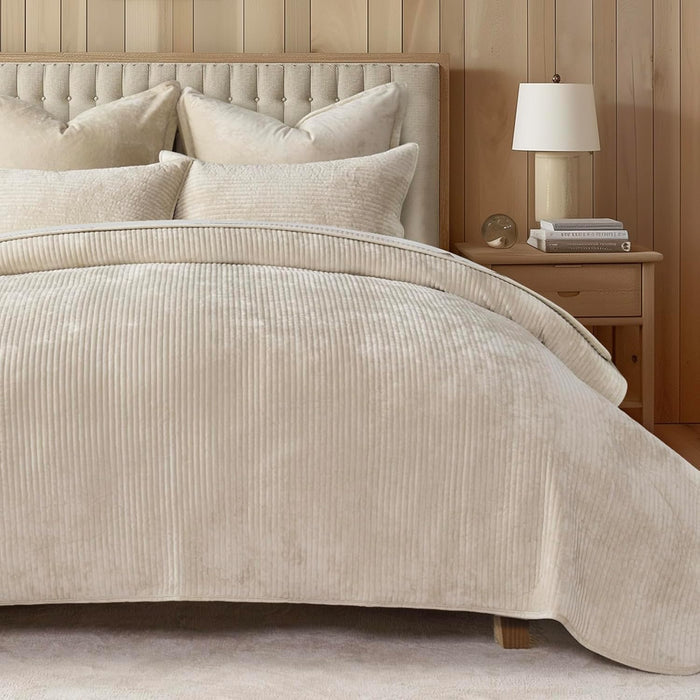 EVERGRACE Velvet Quilt Set King Size, Luxurious Soft Quilted Bedding Sets, Lightweight Velvet Comforter for All Season, Striped Channel Bedspread Coverlet with 2 Shams, Terracotta Clay