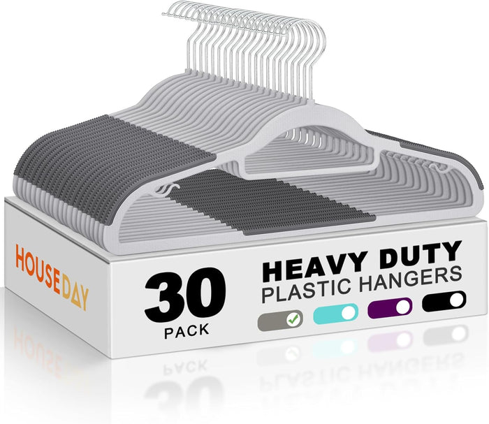 HOUSE DAY Quality Plastic Hangers 30 Pack, Non Slip Plastic Clothes Hangers Gray, Ultra Thin Hangers with 360° Swivel Hook, Heavy Duty Coat Hanger Space Saving, Ideal for Suits, Shirts, Pants