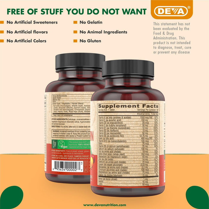 DEVA Vegan Multivitamin and Mineral Supplement - Once-Per-Day Formula with Greens - Vitamins A, C, D, E, B Complex, High-Potency Formulation for Daily Health and Wellness- 90 Coated Tablets, 1-Pack