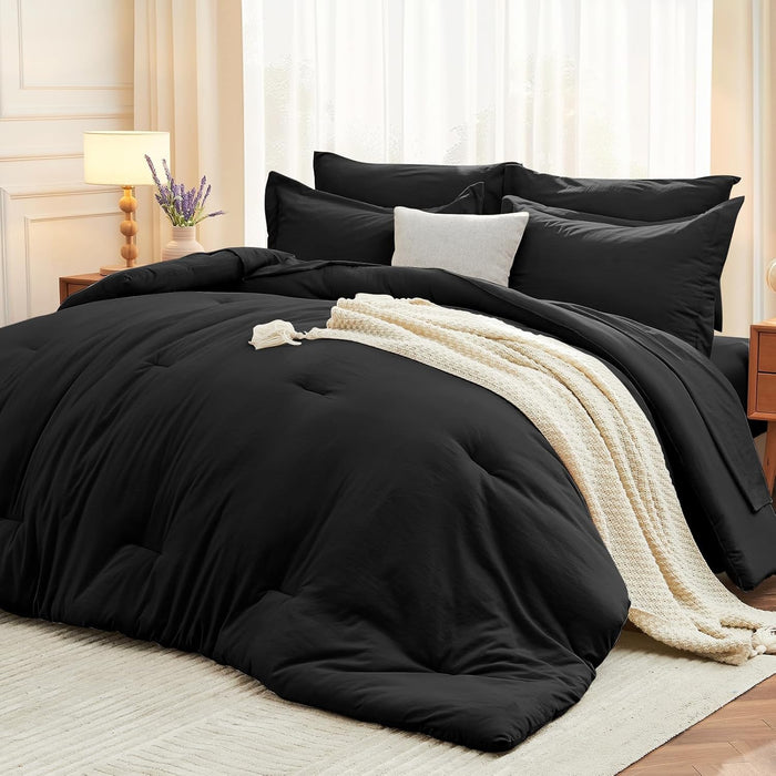 MUXHOMO 7 Pieces Queen Comforter Set, Soft Bed in a Bag Queen Size, All Season Bedding Set with Comforter, Flat Sheet, Fitted Sheet, Pillowcases & Shams, Ivory