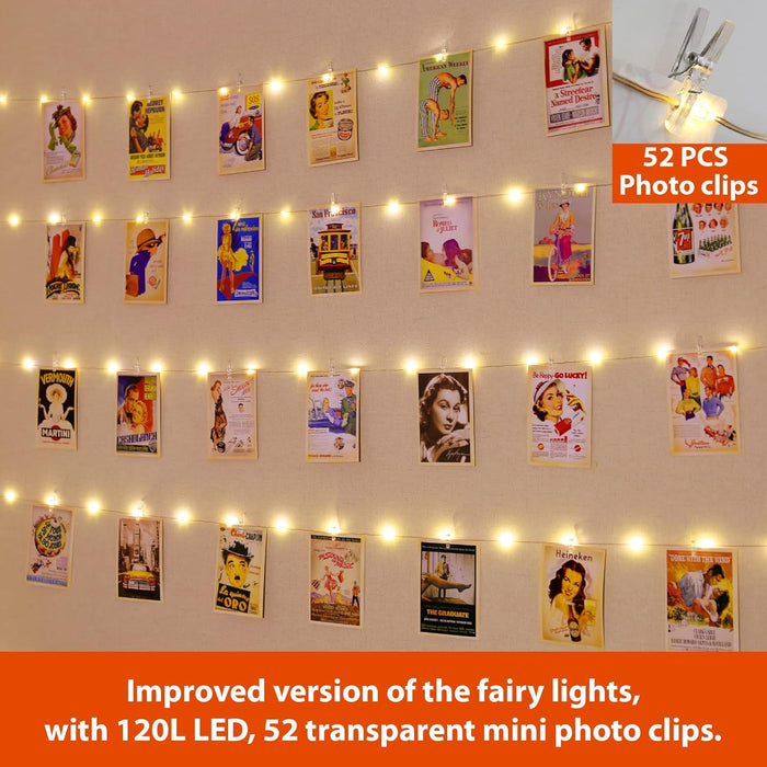 HXWEIYE 120LED Warm White 40Ft Fairy String Light with 52 Clear Clips & 12 Hooks, USB Powered, Waterproof, 8 Modes & Timer, Perfect for Indoor/Outdoor, Bedroom, Party, Wedding Decor