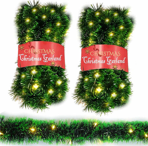 2 Pack Christmas Garland with Lights, Total 38 Feet 80 Led Battery Operated Pre-Lit Long Garland for Stairs Railing Fireplace Mantle Office Door Frame Decor Green Greenery Indoor Outdoor Decorations