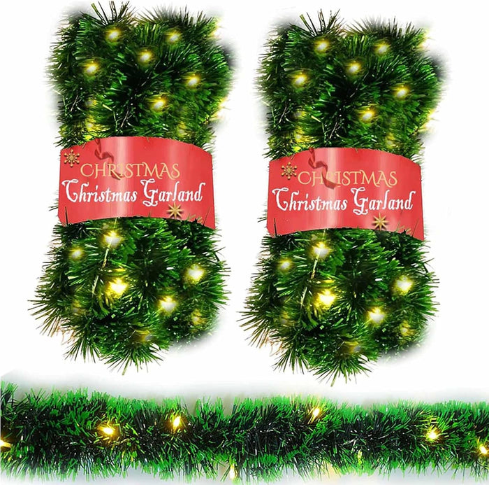 2 Pack Christmas Garland with Lights, Total 38 Feet 80 Led Battery Operated Pre-Lit Long Garland for Stairs Railing Fireplace Mantle Office Door Frame Decor Green Greenery Indoor Outdoor Decorations