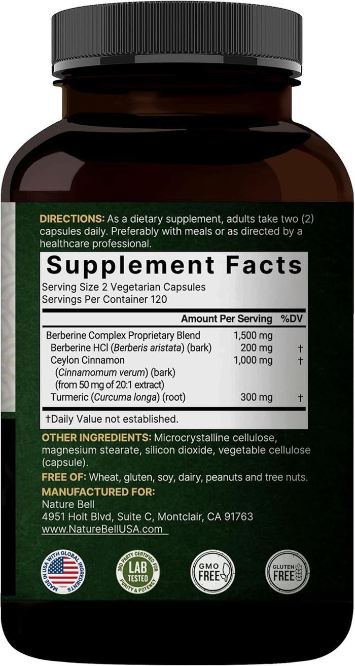 Berberine Supplement 1500mg with 1000mg Ceylon Cinnamon & 300mg Turmeric, 480 Veggie Capsules | 97% Pure Berberine HCL | Supports Balanced Sugar Levels & Heart Health | Vegan, Non-GMO