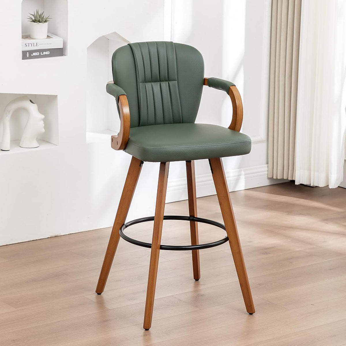 26" Swivel Counter Height Bar Stools with Back, White Faux Leather Kitchen Island Bar Chairs with Arms,Spliced Pleated Wingback Barstools for Bar/Kitchen/Dining Room,Set of 3