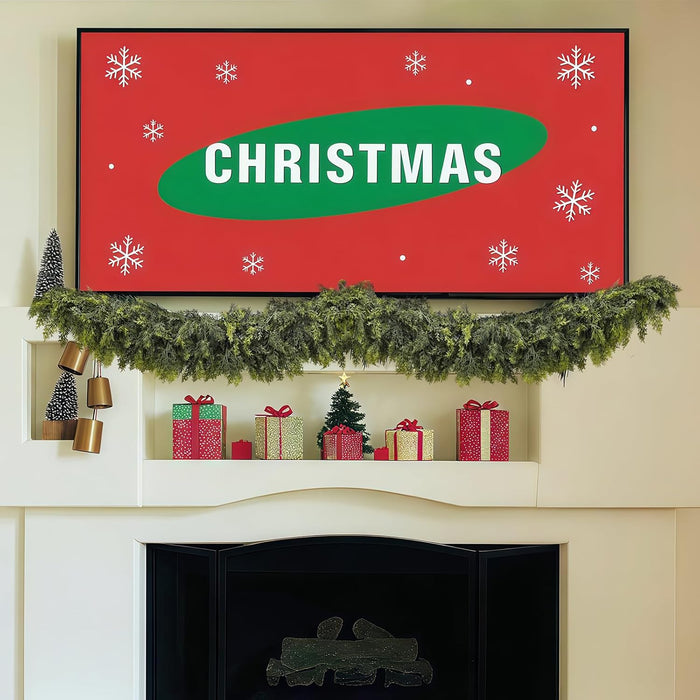 2 Pcs 9FT Christmas Garland, Christmas Decorations, Real Touch Cedar Garland, Artificial Cypress Garlands for Mantle Fireplace Door Table Wall Upstairs Indoor Outdoor Holiday Xmas Decor