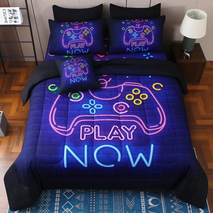 JQinHome Twin Gamer Comforter Sets for Boys&Girls ,6 Piece Bed in A Bag 3D Video Game Bedding -All Season Microfiber Gamer Bedding Sets for Kids, with Pillowcase, Flat & Fitted Sheet,Cushion Cover