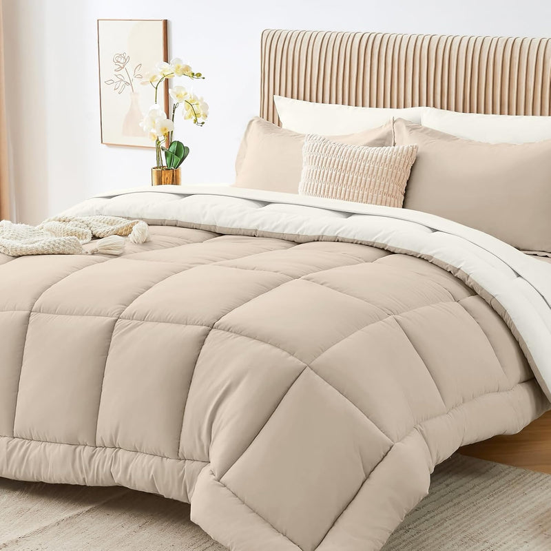 Sasttie Queen Comforter Set, 7 Pieces Bed in a Bag Queen, Complete Bedding Set Includes Comforter, Flat Sheet, Fitted Sheet, Pillowcases and Pillow Shams, Ivory