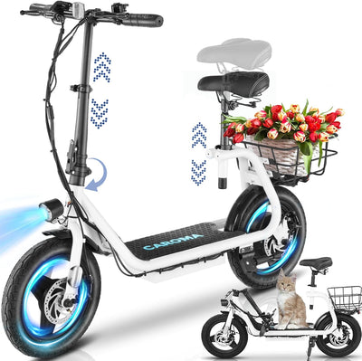 Caroma Peak 1200W/800W/500W Electric Scooter with Seat,14"/12" Fat Tire, Up to 30Miles and 20MPH Electric Scooter Adults&Teens, Adjustable E-Scooter with Shock Absorbtion and Basket