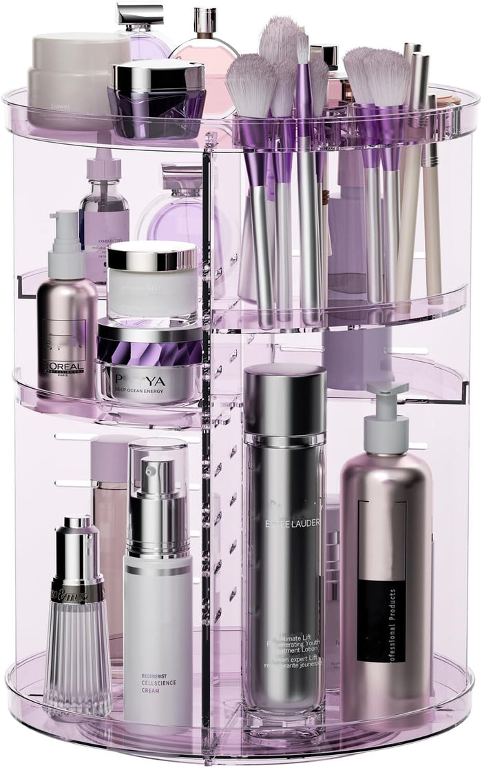 Rotating Makeup Organizer, DIY 8 Adjustable Layers Spinning Skincare Organizer, Cosmetic Display Case with Brush Holder Perfume Tray, Multi-Function Storage Carousel for Vanity Bathroom Countertop