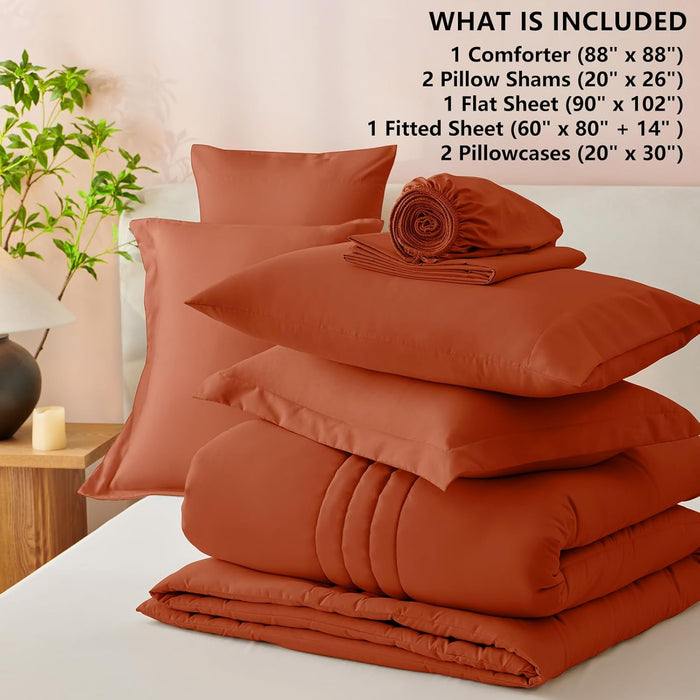 CozyLux Queen Comforter Set - 7 Pieces Bed in a Bag Terracotta Comforters Queen Size Bed Set, Soft Burnt Orange Bedding Set with All Seasons Comforter, Sheets, Pillowcases & Shams