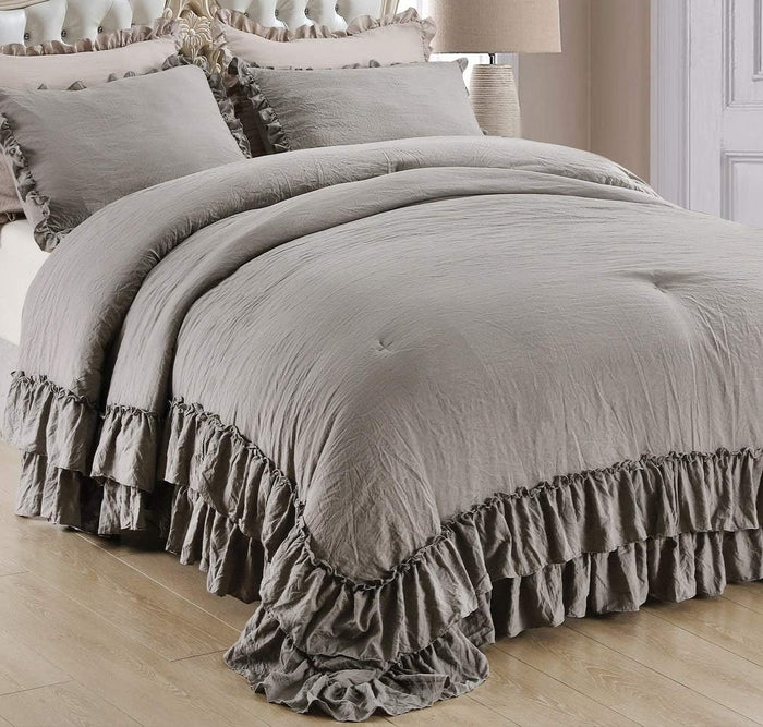 Queen's House Light Blue Farmhouse Ruffled King Size Comforter Set,Lightweight Microfiber Inner Fill Fluffy Boho Chic Bedding Comforter,Ultra Soft Microfiber Inner Fill Bedding