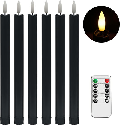 Black Flameless Taper Candles with Remote - 10 Inch LED Candlesticks Flickering, Realistic 3D Flame with Wick, Warm White Light, Home Halloween Decor, Automatic Timer - Set of 6
