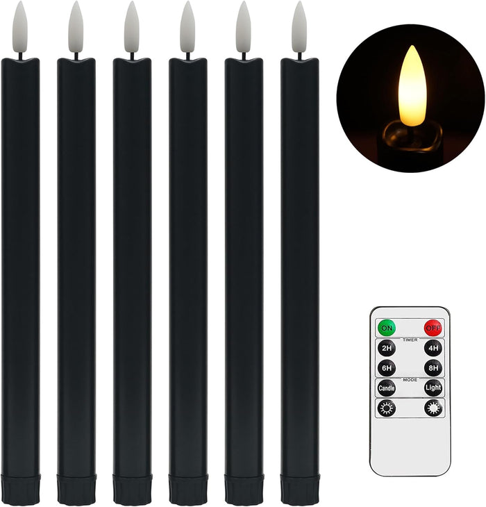 Black Flameless Taper Candles with Remote - 10 Inch LED Candlesticks Flickering, Realistic 3D Flame with Wick, Warm White Light, Home Halloween Decor, Automatic Timer - Set of 6