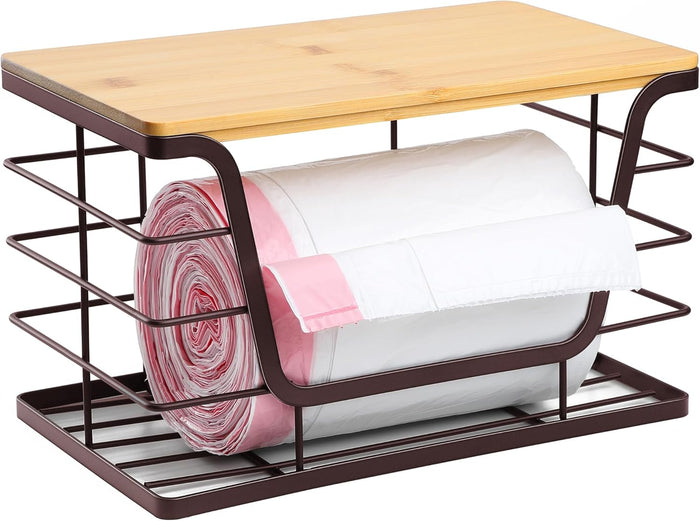 ALOCEO 2 Pack Storage Stackable Kitchen Laundry Organizers with Bamboo Top, Large Trash Bag Holder and Small Garbage Bag Dispenser for Countertop Organization
