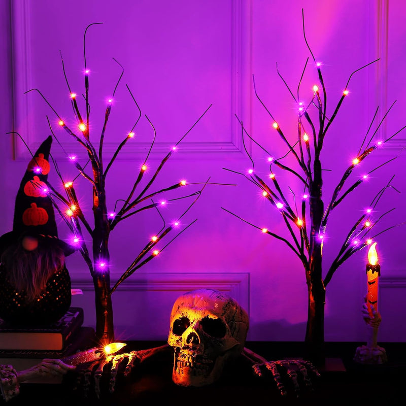 2 Pack 24 Inch Halloween Black Spooky Tree with Orange & Purple Lights, USB&Battery Operated Tabletop Halloween Black Tree with Timer for Indoor Home Holiday Party Decorations