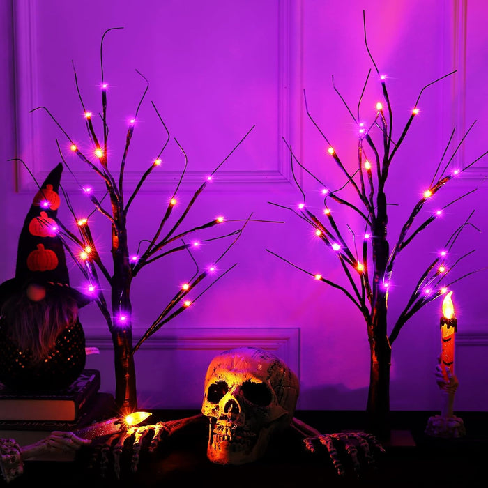 2 Pack 24 Inch Halloween Black Spooky Tree with Orange & Purple Lights, USB&Battery Operated Tabletop Halloween Black Tree with Timer for Indoor Home Holiday Party Decorations