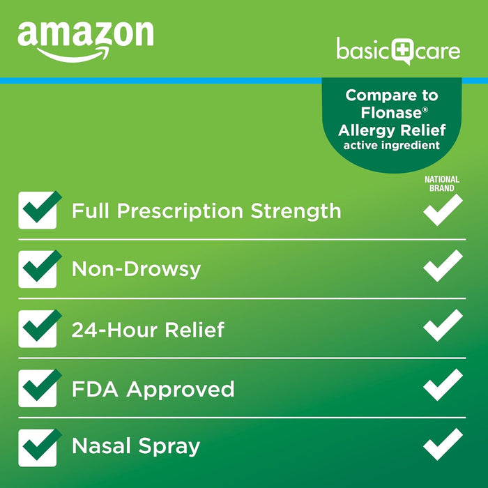 Amazon Basic Care 24-Hour Allergy Relief Nasal Spray, Fluticasone Propionate (Glucocorticoid), 50 mcg, Full Prescription Strength, Non-Drowsy, 0.62 fl oz (Pack of 1)