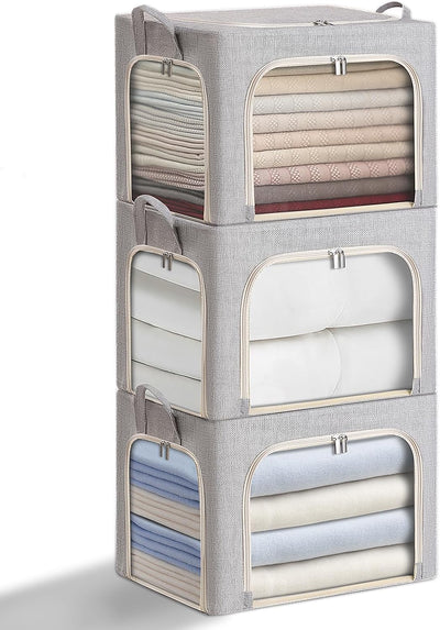 combocube 3-Side Zippered Openings Clothes Storage Bins with Thick Metal Frame, Stackable & Foldable Clothing Storage Bins with Lid, Linen Fabric Closet Storage Box with Large Clear Window, 3 Pack