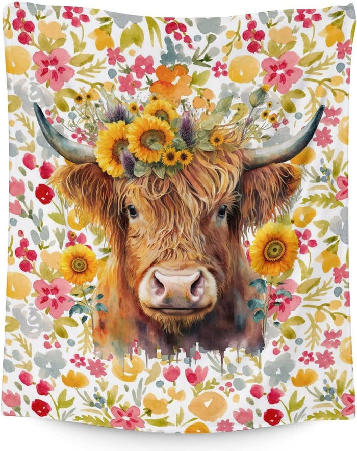 Highland Cow Blanket, Cute Cow Throw Blanket Gift for Women Girls Highland Cow Lovers, 50x40 Inches Soft Fuzzy Flannel Sunflower Blankets for Crib Couch Sofa Travel