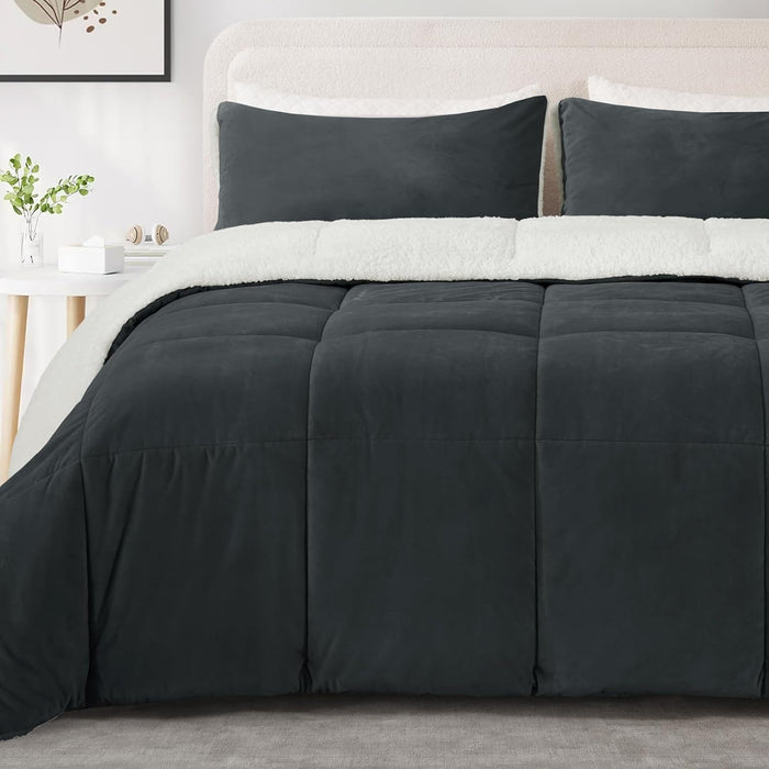 MERITLIFE Fluffy Sherpa Queen Size Bedding Comforter Sets Queen Comforter Set-3 Pieces Bed in a Bag Black Soft Comforter and Pillowcase Luxury Warm Bedding Set for Winter