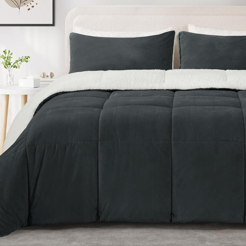 MERITLIFE Fluffy Sherpa Queen Size Bedding Comforter Sets Queen Comforter Set-3 Pieces Bed in a Bag Black Soft Comforter and Pillowcase Luxury Warm Bedding Set for Winter